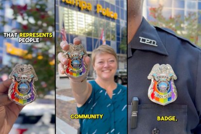 Agentes del Departamento de Policía de Tampa muestran la insignia LGBT con la bandera del arcoíris / Captura de video (@TampaPD - X, Twitter)