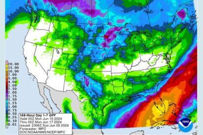 Mapa meteorológico de Estados Unidos con la ola de calor y las fuertes tormentas que afectarán al país entre el 10 y el 16 de junio