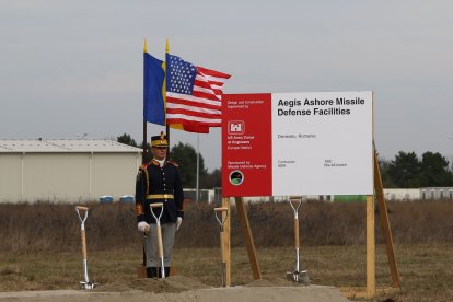 U.S., NATO and Romanian officials including U.S. Under Secretary of Defense for Policy, Dr. James Miller; Deputy Secretary General of NATO, Alexander Vershbow; Romanian President, Traian Băsescu; and Romanian Defense Minister, Mircea Dusa, marked the Aegis Ashore Missile Defense Complex construction groundbreaking with a formal ceremony Oct. 28, 2013 in Deveselu, Romania. Military and civilian representatives from the U.S. Missile Defense Agency; European Command; Navy Region Europe, Africa and Southwest Asia; Air Forces in Europe; Corps of Engineers Europe District and the embassy were also present to celebrate this major milestone in bringing phase two of the U.S. European Phased Adaptive Approach to ballistic missile defense to fruition under the greater NATO system. The Corps of Engineers will manage the $134 million construction effort over the next 14 months. The site in Deveslu is expected to be fully operational in the 2015 time frame. (U.S. Army Corps of Engineers photo by Jen