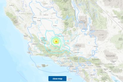 Epicentro del terremoto y zonas afectadas por el terremoto de 5,2 registrado en California.