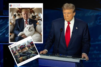 Montaje con una imagen de Donald Trump durante el debate en ABC junto a publicaciones de memes con gansos y mascotas en Truth Social.