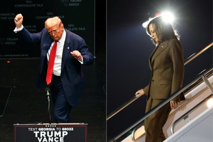 Elecciones presidenciales 2024 | Donald Trump hace gestos de victoria y Kamala Harris desciende de un avión.