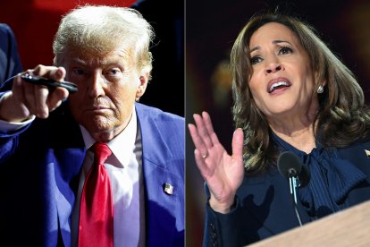 Elecciones Presidenciales 2024 | Donald Trump señala y Kamala Harris gesticula durante la campaña.