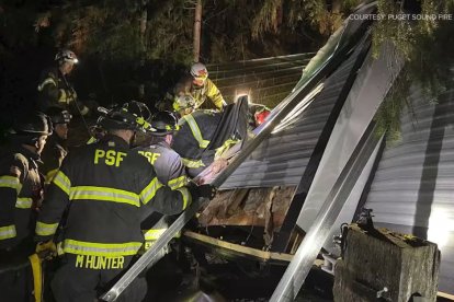 Bomberos asistiendo un trailer donde cayó un árbol durante una bomba ciclónica.