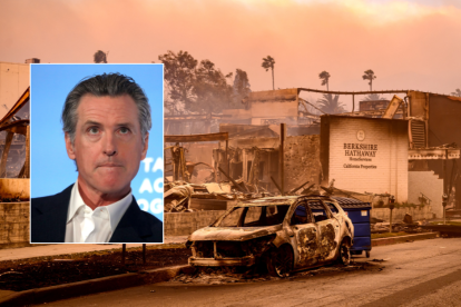 Imagen editada del gobernador Newsom y una foto de los incendios forestales