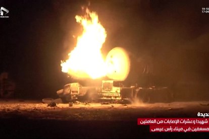 Image of the attack on the Houthi al-Masirah television channel.