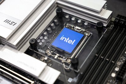 Intel chip sample on display during Computex 2024 in Taipei, Taiwan.