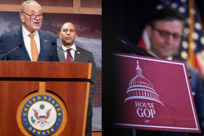 Democratic leaders Chuck Schumer and Hakeem Jeffries (l); next to speaker Mike Johnson (r)