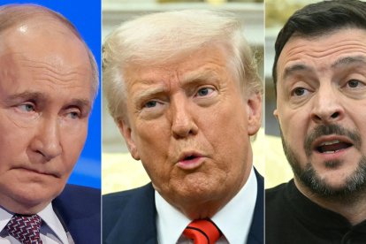 Vladimir Putin (l); Donald Trump (c) and Volodymir Zelenski (r) in a file image.