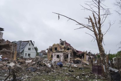 Houses destroyed in Markhalivka, Ukraine, by a Russian airstrike