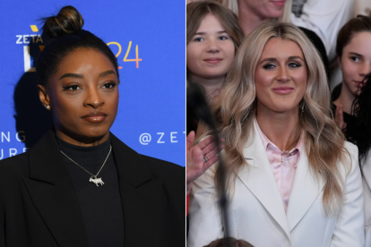 Simone Biles (izquierda) y Riley Gaines (der)