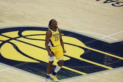 Aaron Nesmith, una de las figuras de los Pacers, celebra durante las Finales de la NBA