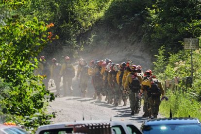 Wildland firefighters responding to a wildfire on Canfield Mountain.