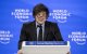 Javier Milei se dirige al público durante la reunión anual del Foro Económico Mundial (FEM) en Davos el 23 de enero de 2025.