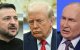 Esta combinación de imágenes creadas el 18 de marzo de 2025 muestra, de izquierda a derecha, al presidente de Ucrania, Volodymyr Zelensky, en el Despacho Oval de la Casa Blanca en Washington, DC, el 28 de febrero de 2025, al presidente estadounidense, Donald Trump, en el Despacho Oval de la Casa Blanca en Washington, DC, el 28 de febrero de 2025, y al presidente ruso, Vladimir Putin, en Moscú, el 18 de marzo de 2025. Trump y Putin acordaron el 18 de marzo de 2025 el cese de los ataques rusos contra objetivos energéticos ucranianos, pero no llegaron a un alto el fuego total en una esperada llamada telefónica. Los líderes estadounidense y ruso hablaron durante más de hora y media y ambos expresaron sus esperanzas de reparar las relaciones entre los países.