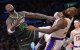 El alero de Los Ángeles Lakers LeBron James (23) reacciona tras recibir un codazo del alero de Minnesota Timberwolves Julius Randle (30) en la segunda parte en el Crypto.com Arena.