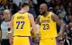 Los Angeles Lakers forward/guard Luka Dončić (77) celebrates a three point basket with forward LeBron James (23) against the New Orleans Pelicans during the second half of an NBA basketball game in New Orleans, Tuesday, Jan. 6, 2026. (AP Photo/Matthew Hinton)