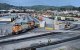 Depósito de trenes en Los Angeles (California). Imagen de archivo