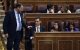 Socialist MP's Jose Luis Abalos Pedro Sanchez (L) greets the leader of Spanish Socialist Party PSOE, Pedro Sanchez during a no-confidence motion tabled by Spanish Socialist party at the Lower House of the Spanish Parliament in Madrid on May 31, 2018. Spanish Prime Minister Mariano Rajoy faces a no-confidence vote at the end of the week after a court ruled his governing Popular Party benefited for years from a large kickbacks-for-contracts scheme. (Photo by OSCAR DEL POZO / AFP)