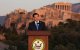 Marco Rubio, pronuncia un discurso en la colina de la Pnyx —donde los antiguos atenienses celebraban sus asambleas democráticas— con el antiguo templo del Partenón, situado en la Acrópolis, visible al fondo