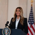 La primera dama, Melania Trump durante su discurso este viernes en la Casa Blanca