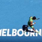 Carlos Alcaraz of Spain celebrates scoring during the men's singles 2nd round match against Yannick Hanfmann of Germany at the Australian Open tennis tournament in Melbourne, Australia.
