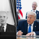 Montaje de fotos con los presidentes Dwight D. Eisenhower y Donald Trump en el Salón Oval.