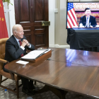 President Joe Biden speaks during a virtual summit with Chinese President Xi Jinping in the Roosevelt Room of the White House in Washington DC on Monday, November 15, 2021.