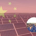 Un camp de paneles solares con una bandera de China y una pequeña imagen de los campos de internamiento de Sinkiang.