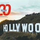 Letrero del cártel de Hollywood con un logotipo creado por Voz Media para celebrar su 100 aniversario.