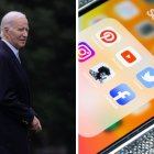 Joe Biden llegando a la Casa Blanca. Imagen de un teléfono con las aplicaciones de varias redes sociales.