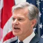 FBI Director Christopher Wray at a joint press conference in central London.