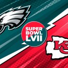 Super Bowl LVII, montaje realizado por Voz Media con los escudos de los Philadelphia Eagles y los Kansas City Chiefs.