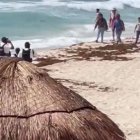 Miembros de la Policía vigilan una playa de Cancún.