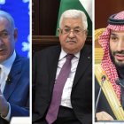 El primer ministro de Israel, Benjamin Netanyahu; el presidente de la Autoridad Palestina, Mahmud Abás; y el príncipe de Arabia Saudí, Mohammed bin Salman.