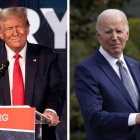 Pantalla dividida con imágenes de Donald Trump y Joe Biden hablando desde atriles.