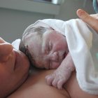 Bebé sobre el vientre de su madre, inmediatamente después del nacimiento, y con su piel aún cubierta de vérnix y un poco de sangre.