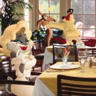 El famoso personaje de Warner Bros Bugs Bunny vestido de mujer en un restaurante.