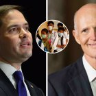 Composición con imágenes de archivo del senador Marco Rubio (sobre la izquierda) y su par Rick Scott (derecha). Superpuesto y en un marco circular una imagen de archivo de niños con mascarilla en China.