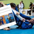 Imagen de una competición de jiu-jitsu brasileño junto con el post de Redduxx con dos trans copando las medallas.