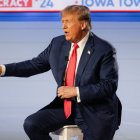 Former President Donald Trump gestures while speaking on stage during a Fox News Iowa Town Hall at the Iowa Events Center on January 10, 2024 in Des Moines, Iowa. (Photo by Jon Cherry/Sipa USA)