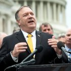 Former Secretary of State Mike Pompeo delivering remarks outside the Capitol.