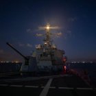 The Arleigh Burke-class guided-missile destroyer USS Carney (DDG 64) transits the Suez Canal, Oct. 18, 2023. Carney is deployed to the U.S. 5th Fleet area of operations to help ensure maritime security and stability in the Middle East region.