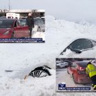 Un coche eléctrico bajo la nieve, junto a imágenes de teslas sin batería junto a puntos de carga.