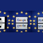 Esta imagen combinada creada el 25 de marzo de 2024 a partir de imágenes de archivo tomadas en Toulouse el 27 de abril de 2023 muestra una pantalla en la que aparecen (de izquierda a derecha) el logotipo de Apple, el de Google, el de Meta y la bandera de la UE.