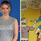 A la izquierda: Milly Alcock durante una premiere en abril de 2023. A la derecha: imagen de un cómic de Supergirl.