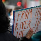 Un manifestante muestra un cartel con la inscripción "Del río al mar"-