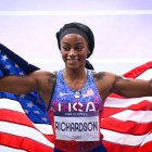 WOMEN S 4 X 100M RELAY FINAL - RICHARDSON Sha carri ( Team USA ) celebrates during the 2024 Athletics Olympics Games at Stade de France on August 09, 2024 in Paris, France. ( Photo by federico pestellini / DPPI / Panoramic ) - - photo :  Federico Pestellini / DPPI / Panoramic / SIPA /295054_0002//Credit:Panoramic/SIPA/2408092031