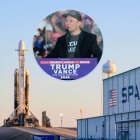 SpaceX: montaje de una nave espacial de SpaceX preparada para despegar en Florida y una fotografía de Elon Musk dando un discurso a favor de Donald Trump.