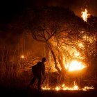 Un bombero trata de apagar los incendios en California